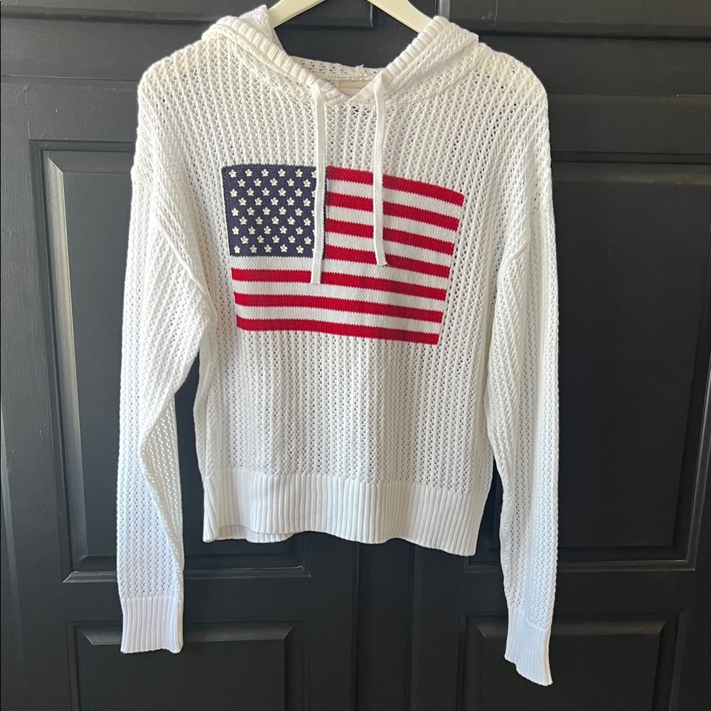 Flag Pullover Medium Sweater Stitched Hooded Ligh… - image 1